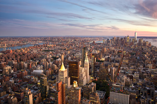 Fototapeta Sunset aerial view of New York City