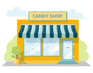Facade candy store with a signboard, awning and products in shopwindow. Abstract image in a flat design. Front shop for concept brochure or banner. Vector illustration isolated on white background