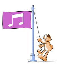Cartoon raising a flag with musical notes symbol