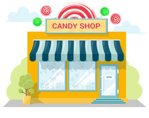 Facade candy store with a signboard, awning and products in shopwindow. Abstract image in a flat design. Front shop for concept brochure or banner. Vector illustration isolated on white background