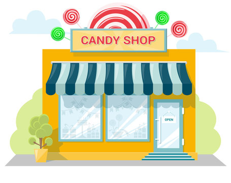Facade candy store with a signboard, awning and products in shopwindow.  Abstract image in a flat design. Front shop for concept brochure or banner.  Vector illustration isolated on white background Stock Vector |