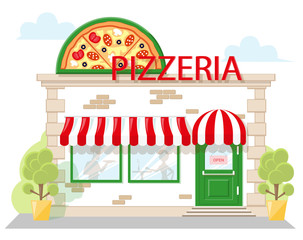 Facade pizzeria with a signboard, awning and silhouettes people in shopwindow. Image in a flat design. Front shop for Concept brochure or banner. Vector illustration isolated on blue background
