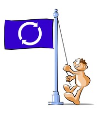 Cartoon raising a flag with the refresh icon