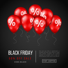 Black Friday Sale Poster with Red Shiny Balloons