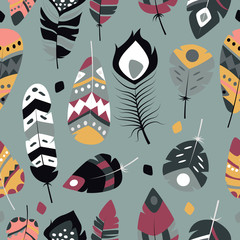 Seamless pattern with boho vintage tribal ethnic colorful vibrant feathers, vector illustration