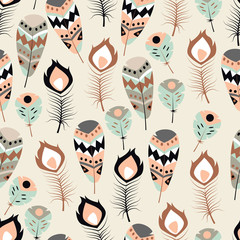 Seamless pattern with boho vintage tribal ethnic colorful vibrant feathers, vector illustration