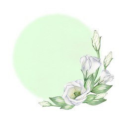 Green round background with white flowers. The texture of watercolor paper. For design of cards, Invitations, and posters. Watercolor background. Handmade drawing.