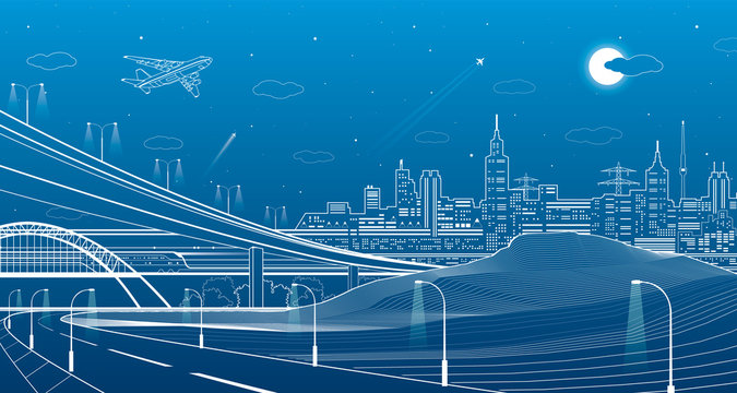 Car overpass, city infrastructure, urban plot, plane takes off, train move, transport illustration, mountains, white lines on blue background, vector design art