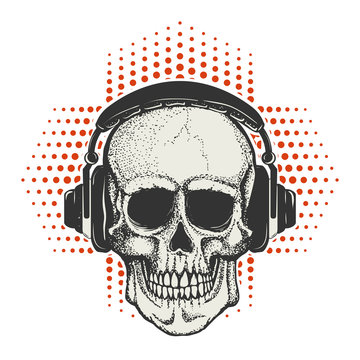 Hand drawn human Skull in headphones.  Design element for t-shir