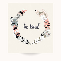 Obraz premium Postcard design with inspirational quote and bohemian colorful feathers