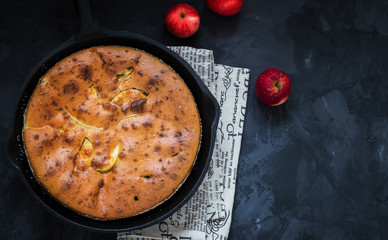 Homemade apple pie in vintage iron pan on dark background.