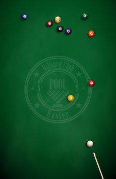 Billiard balls and cue on green cloth. American pool Nine. Logo for the billiard club.