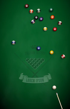 Billiard balls and cue on green cloth. Eight American pool. Logo for the billiard club.