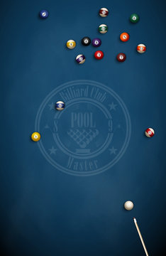 Billiard balls and cue on blue cloth. Eight American pool. Logo for the billiard club.