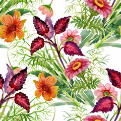 Beautiful Watercolor Summer Garden Blooming Flowers Seamless Pattern