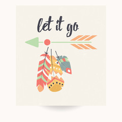Postcard design with inspirational quote and bohemian colorful feathers
