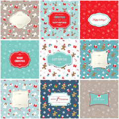 Christmas and Happy New Year greeting card templates set. Nine frames on seamless patterns.