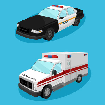 emergency services cars. Police car, ambulance