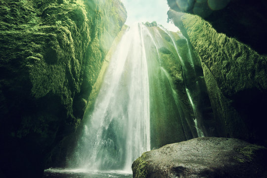  Gljufrabui waterfalls inside a cave, Iceland