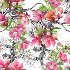 Behang Beautiful Watercolor Summer Garden Blooming Flowers Seamless Pattern © kostanproff