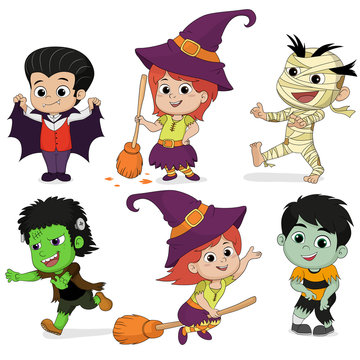 Happy Halloween. Set of cute cartoon children in colorful hallow
