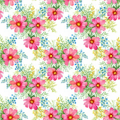 Beautiful Watercolor Summer Garden Blooming Flowers Seamless Pattern