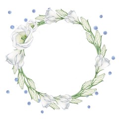 White flowers 2. A wreath for decoration of wedding cards, invitations and posters. Watercolor painting. Handmade drawing.