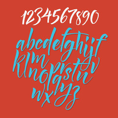 Alphabet letters: lowercase & numbers. Vector alphabet. Hand drawn letters. Letters of the alphabet written with a soft watercolor paint brush