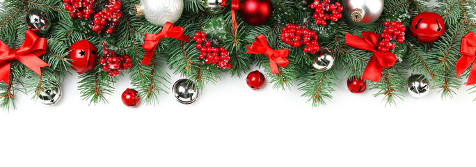 Christmas composition with fir tree branches and festive decoration on white  background