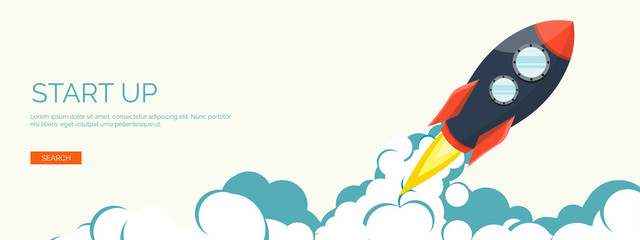 Flat rocket. Project start up. Space. Smart solutions. New product launch