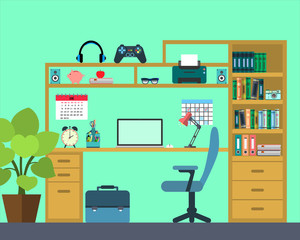 Workplace of the schoo kid - flat style. Vector illustration.