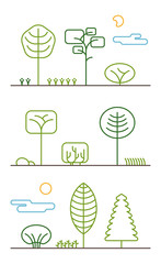 City Park landscape elements vector icons set. Line trees, flowers, bushes, clouds, stones, grass and plant. Design graphic outline urban signs.