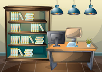 cartoon vector illustration interior library room with separated layers in 2d graphic