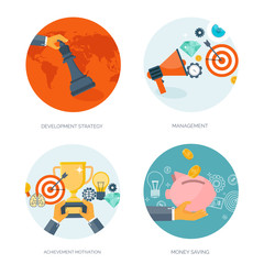 Vector illustration. Flat backgrounds set. New ideas, smart solutions. Business aims. Teamwork. Targeting.