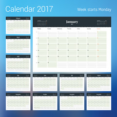 Calendar for 2017 year. Vector design print template with place for photo. Week starts Monday. Set of 12 calendar pages. Stationery design