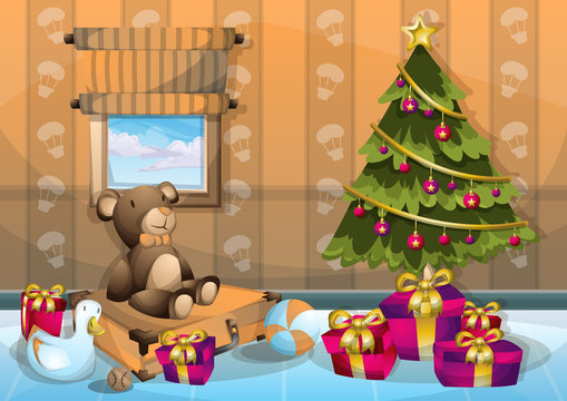 cartoon vector illustration interior Christmas room with separated layers in 2d graphic