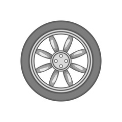 Obraz premium Car wheel icon in black monochrome style isolated on white background. Spare parts symbol vector illustration