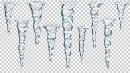 Set of translucent icicles on transparent background. Transparency only in vector file