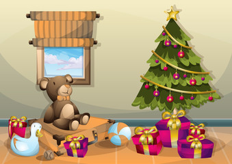 cartoon vector illustration interior Christmas room with separated layers in 2d graphic