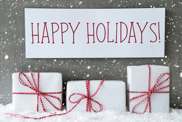 White Gift With Snowflakes, Text Happy Holidays
