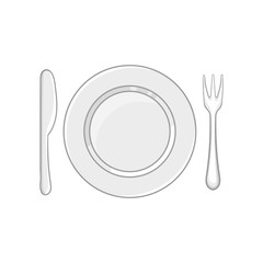 Plate with fork and knife icon in black monochrome style isolated on white background. Dishes symbol vector illustration