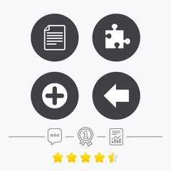 Plus circle and puzzle signs. File, arrow.