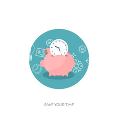 Vector illustration. Clock flat icon. World time concept. Business background. Internet marketing. Daily infographic.