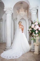 Obraz premium Charming young bride in luxurious wedding dress. Pretty girl, the photo Studio