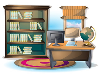 cartoon vector illustration interior library room with separated layers in 2d graphic