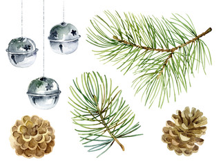 New Year set of pine branches, balls and cones - 121066580