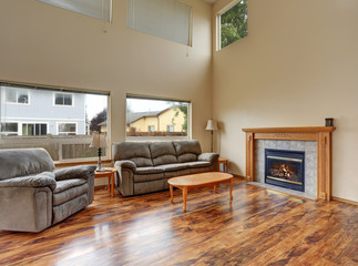 Traditional living room interior with hardwood floor and fireplace
