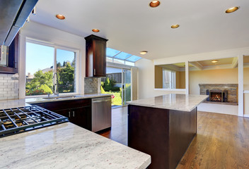 Kitchen room interior with deep brown cabinets with granite counter top