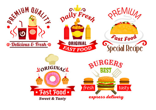 Fast food sandwich, drink and dessert badges