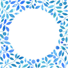 frame with branches and berries.blue floral border.postcard.watercolor hand drawn illustration.